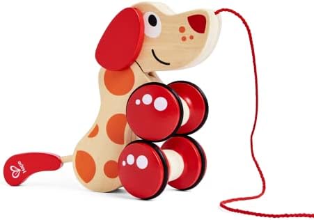 Hape toddler walking companion toy displaying the curved mechanical rear wheels that enable tail wagging