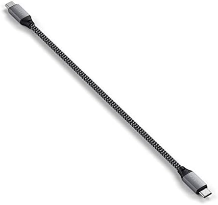 Satechi USB-C cable connected to a MacBook demonstrating desk setup use.