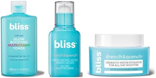 Bliss Ultimate Hydration Skincare Set featuring serum, moisturizer and toner front view