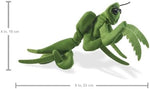 Close up view of the Folkmanis mini mantis puppet showing the large black eyes.