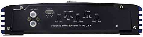 Crunch PowerDriveX Class AB blue amplifier top angle view displaying sleek chassis design and branding