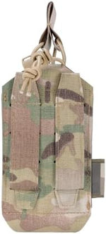 Rear view of tactical walkie talkie holder showcasing MOLLE straps for duty belt attachment.