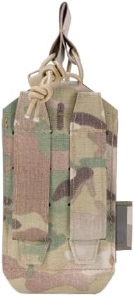 Rear view of tactical walkie talkie holder showcasing MOLLE straps for duty belt attachment.