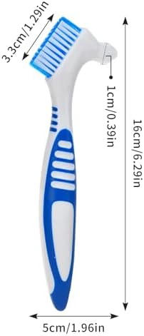Close up of the dual headed multi layered bristles and non slip rubberized grip on the false teeth cleaning brush.