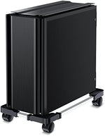 Adjustable computer floor stand showcasing maximum and minimum width extension setup