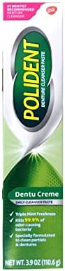 Polident daily denture care toothpaste showing 3.9 ounce packaging