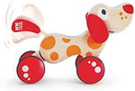 Premium FSC certified wooden dog pull toy for kids highlighting the durable non toxic paint finishes