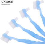 Close up of multi layered flat bristles and angled tufted brush head for clear aligner maintenance.