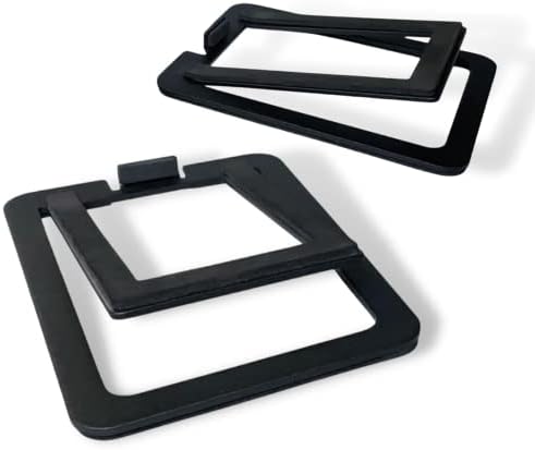 Pair of black tilted steel speaker stands for studio monitors