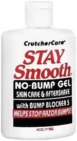 CrutcherCare Stay Smooth No-Bump Gel bottle showing Bump Blocker 5 technology branding.