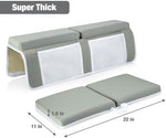 Grey foam cushion toy organizer with large mesh storage pockets holding baby accessories