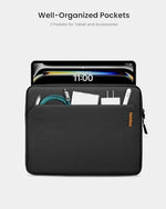 Tomtoc protective tablet case with front accessory pocket showcasing organized cables and chargers