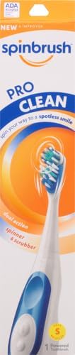 Spinbrush Pro Clean automatic toothbrush ergonomic handle design with packaging details