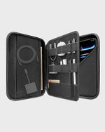 Tomtoc tech organizer interior layout displaying elastic slots holding power adapter cables and Apple Pencil.