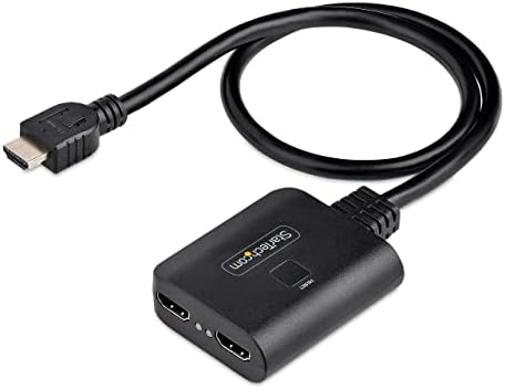 StarTech dual display video splitter showing the integrated fifty centimeter cable and power input port.