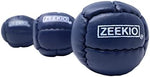 Authentic Zeekio Galaxy twelve panel leather juggling balls in dark blue displaying the premium presentation packaging.