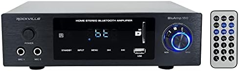 Rockville 75W Class D audio receiver rear view detailing binding posts and phono inputs
