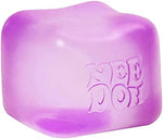 Three assorted colors of Schylling NeeDoh Nice Cubes including pink purple and blue displayed together