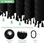 Full length view of Dynamene 72x72 inches black fabric curtain in a well lit bathroom