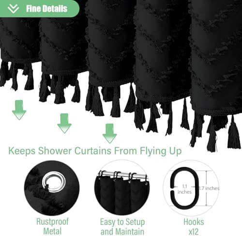 Full length view of Dynamene 72x72 inches black fabric curtain in a well lit bathroom