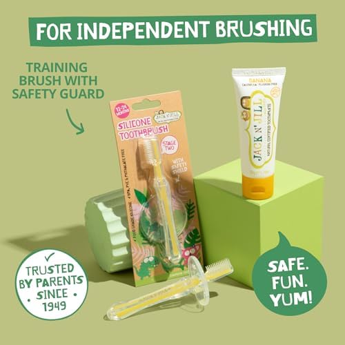 Stage 2 silicone toothbrush with removable safety shield for toddlers 12-24 months.
