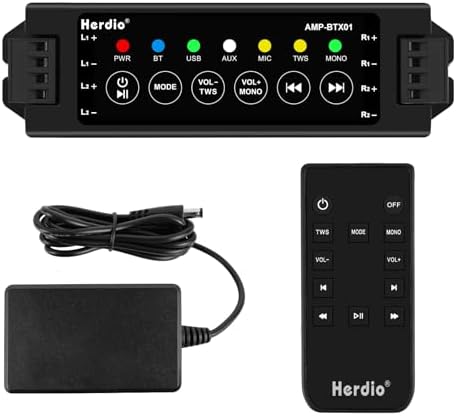 Herdio multi speaker mini amp showing the rear spring loaded speaker wire connection terminals clearly labeled.
