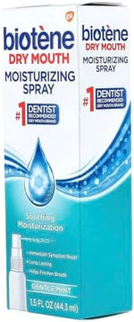 Gentle mint flavored Biotene spray for refreshing dry mouth breath.
