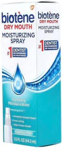 Gentle mint flavored Biotene spray for refreshing dry mouth breath.