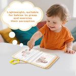 Amzoya plush infant picture book back cover highlighting the built-in baby safe reflective mirror.
