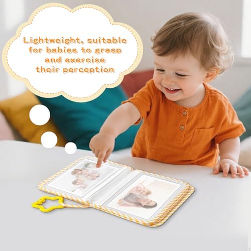 Amzoya plush infant picture book back cover highlighting the built-in baby safe reflective mirror.