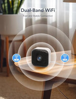 GNCC dual-band WiFi security camera angled to show the integrated mounting base plate for shelf installation.