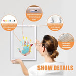 Baby safe footprint kit with family handprints displayed as home decor on a living room shelf