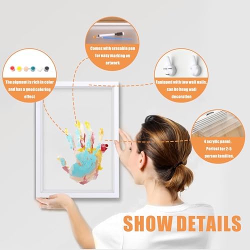 Baby safe footprint kit with family handprints displayed as home decor on a living room shelf