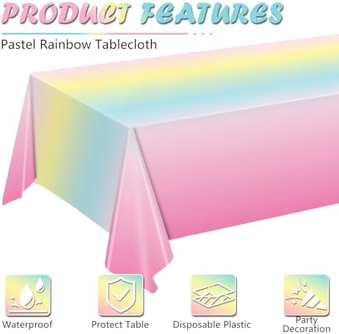 BHEYA rectangle rainbow table cover draped over an eight foot dining table setup for a children's birthday party.