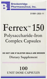 Breckenridge Ferrex 150 non blister loose capsule bottle displaying nutritional facts and dosage instructions