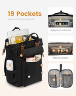LOVEVOOK premium travel backpack displaying the back luggage strap over a rolling suitcase handle