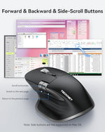 TECKNET multi device computer mouse highlighting the triple mode connectivity switch underneath.