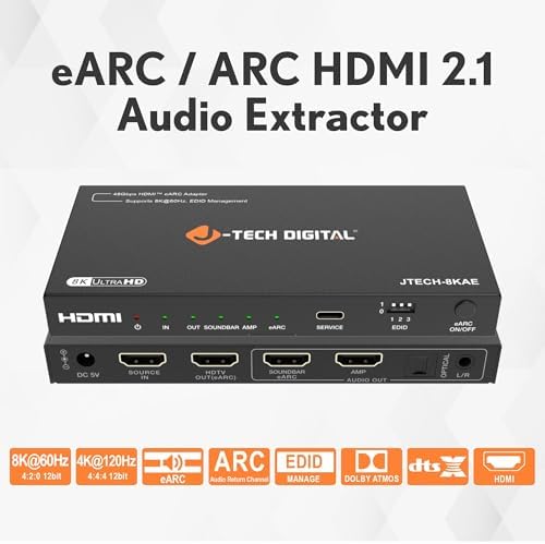 Back view of J-Tech Digital audio converter showing the HDMI input and output ports along with optical and analog connection jacks.