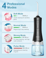 Operan cordless oral irrigator with four interchangeable jet tips for orthodontic care.