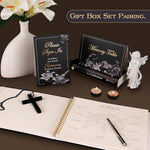 Close up of embossed leather cover and photo frame of Molekaus guest book