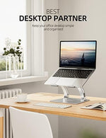 Nulaxy ergonomic computer riser showing dual rod stability mechanism from side angle.