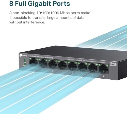TP-Link unmanaged 8 port Gigabit desktop switch with durable metal casing showcasing fanless design
