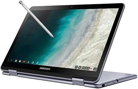 Premium Samsung Chromebook 360 laptop setup in tent mode for viewing media and video streaming.