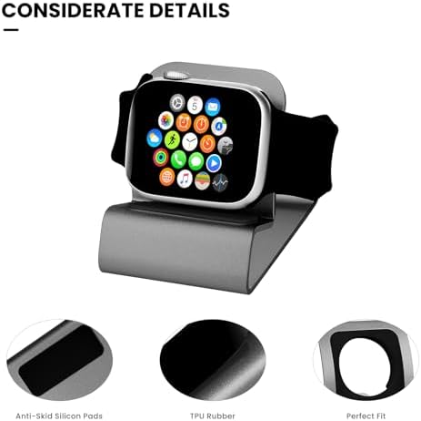 Side angle view of grey apple watch holder for nightstand