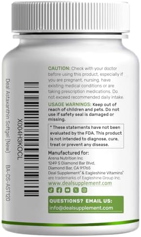 Authentic imported Deal Supplement Astaxanthin 120 count bottle displaying non-GMO verified badge.