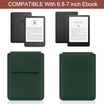 Dark green leather e-reader sleeve showing magnetic closure
