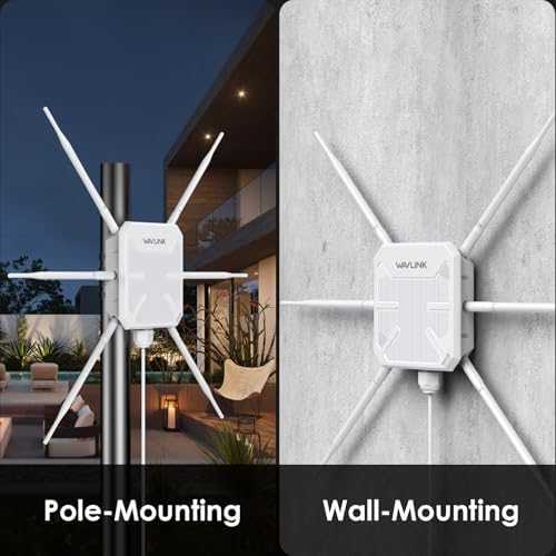 Wavlink network extender hardware kit including the main device, six detachable antennas, and Power over Ethernet adapter.