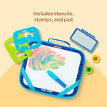 Melissa & Doug travel activity toy set showing included stencils, water stamps, and sponge pad inside pockets.