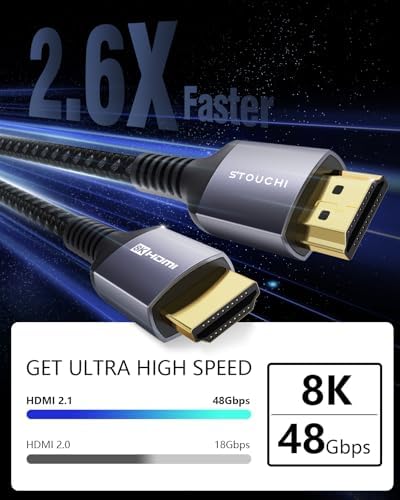 Stouchi ultra high speed HDMI cord connecting a gaming console to a television screen.