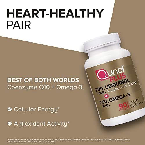 Qunol Plus Ubiquinol 200mg and Omega 3 250mg container highlighting gluten free and non GMO specifications.